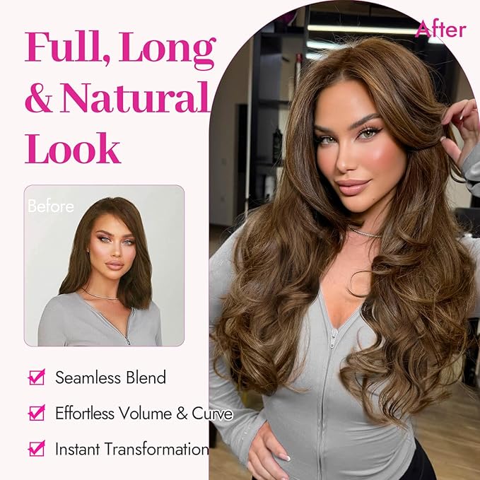KooKaStyle Clip In Hair Extensions, Natural Long Layered Soft Invisible Synthetic Curly Wavy Hairpieces for Women, 4 pcs (20 Inch, Chestnut Brown)
