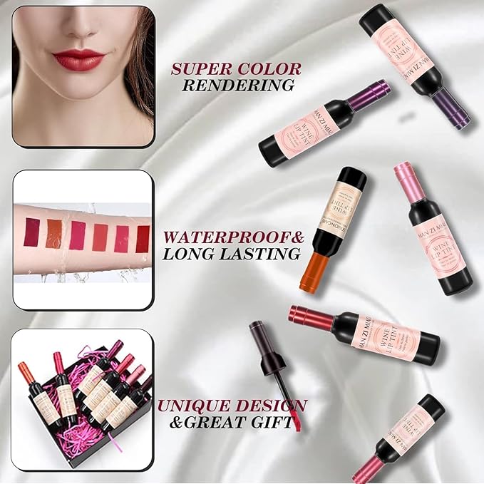 Wine Lip Tint 6 Colors Bottle Lipgloss Stain Waterproof Long Lasting Natural Liquid Lipstick Mini Make Up Gloss Matte Sticks Makeup Set Plumper Red Pack Set Wine 24 Hour Set Non-stick Cup