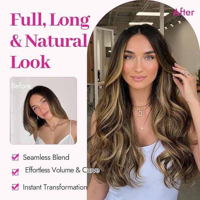 KooKaStyle Clip In Hair Extensions, Natural Long Layered Soft Invisible Synthetic Curly Wavy Hairpieces for Women, 4 pcs (20 Inch, Balayage Medium Brown to Golden Blonde)