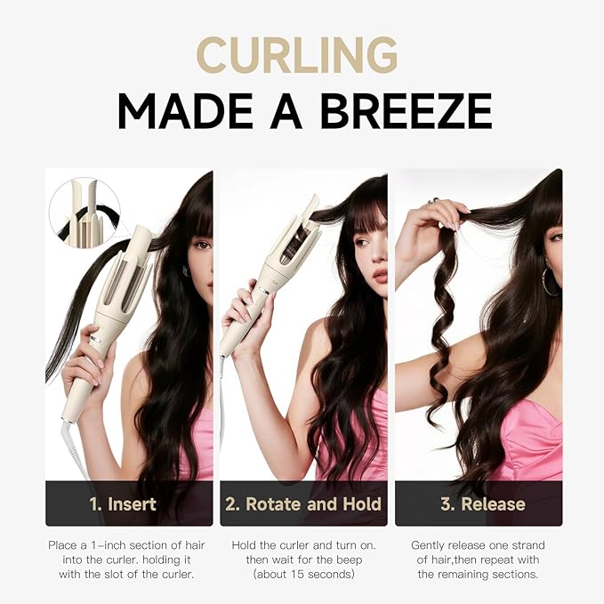 3 in 1 Automatic Curling Iron, Hair Curlers with 3 Curling Barrels (1" - 1.25" - 1.5"), Rotating Curling Iron with 3 Temp, 2-Way Rotation, 10S Fast Heating, Anti-Scald, Dual Voltage, White