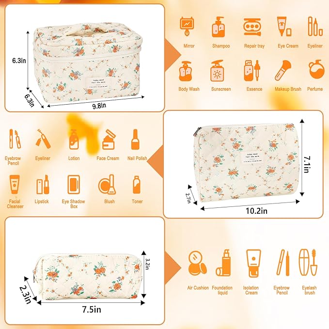 URSKYTOUS 3Pcs Cotton Quilted Makeup Bag for Women Girls Large Small Travel Floral Cosmetic Bags Set Cute Coquette Zipper Makeup Pouch for Purse Aesthetic Cloth Flower Storage Toiletry Bag Organizer
