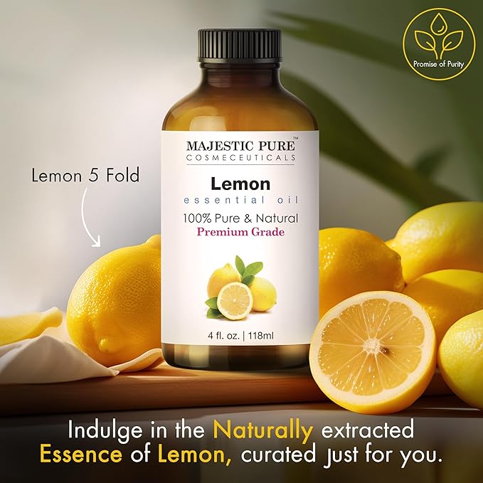 Majestic Pure Essential Oil with Glass Dropper - 100% Pure and Natural - Essential Oils for Diffuser, Aromatherapy, Soap and Candle Making, Lemon Essential Oil, Lemon Oil, 4 Fl Oz