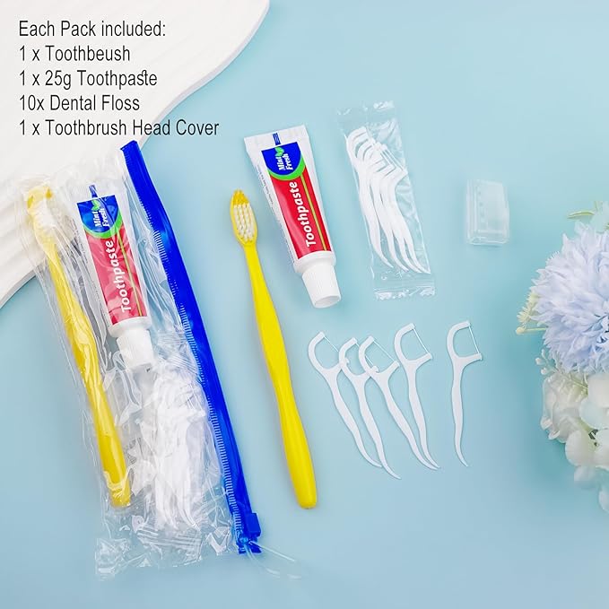 50 pcs Disposable Toothbrushes with Toothpaste and Floss Set,Yellow Individually Wrapped Bulk Single Use Toothbrush Floss Cover Travel Toothbrushes Kit with Zip Bag for Homeless,Hotel,Guest