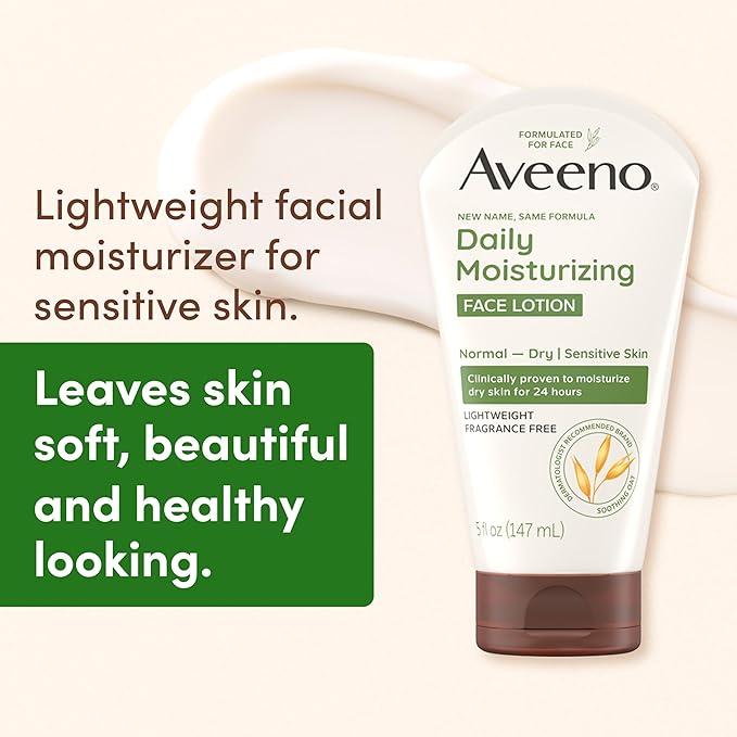 Aveeno Daily Moisturizing Face Lotion with Soothing Prebiotic Oat, Gentle Lotion Nourishes Normal to Dry Skin With Moisture, Facial Lotion for Sensitive Skin, Fragrance-Free, 5 oz