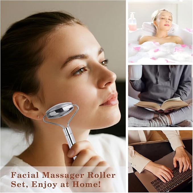 Stainless Steel Gua Sha and Face Roller Set Facial Massager Tools, Lymphatic Drainage Massager Metal Gua Sha Skin Self Care Gifts for Women