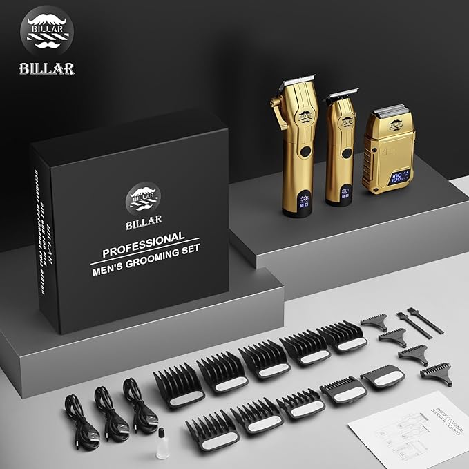 BILLAR® Professional Barber Clippers and Trimmer Set - Foil Shaver Professional Hair Clippers for Men, Mens Cordless Hair Clipper for Barbers Haircut Kit（Golden）