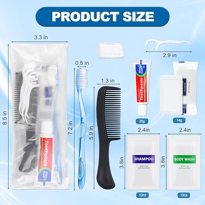 HQSLsund 50 Sets Bulk Hygiene Kits for Homeless,Basic Toiletry Kit Homeless Supplies Bulk,Disposable Toothbrushes with Toothpaste and Comb Individually Wrapped,Bath Soap,Shampoo,Body Wash,Floss Pick