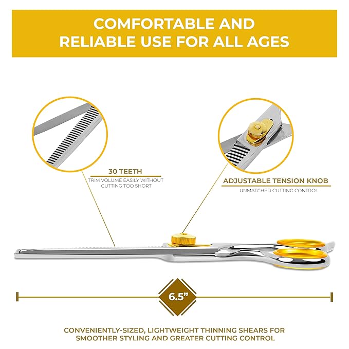 SHARF Gold Touch Barber 6.5 Inch, 30-Tooth, Professional Thinning Shears 440c Japanese Stainless Steel Barber Scissors for Men and Women