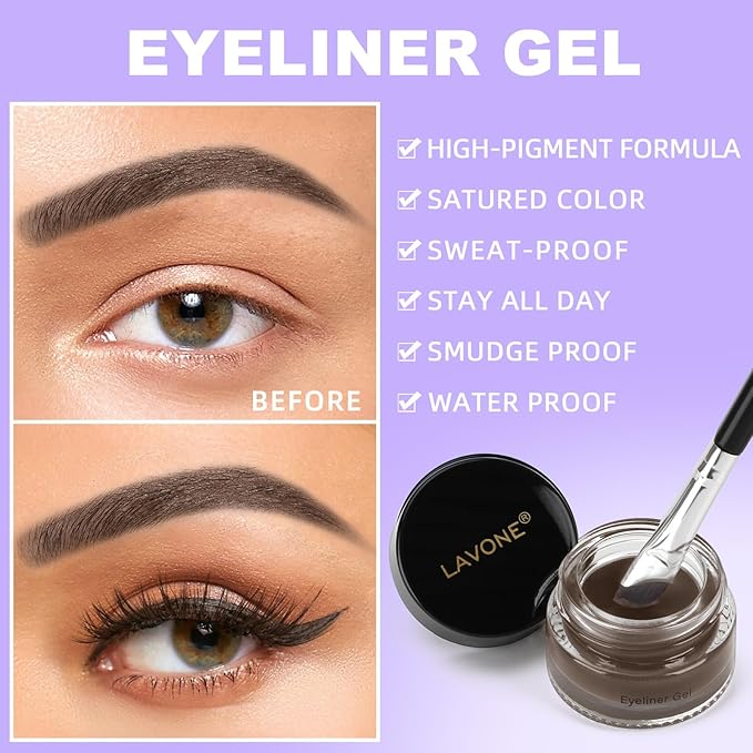 LAVONE Eyeliner Set - Waterproof Makeup Kit with Liquid Eye Liner Pencil, Gel Eyeliner and Angled Eye Liner Brush, Waterproof, Smudge Resistant, Long Lasting Formula - Dark Coffee