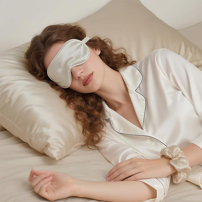 KISMETICS - Vegan Silk Sleep Set, Vegan Silk Pillowcase with Large Scrunchie and Eye Mask for Hair and Skin, Self Care Essential Satin Night Routine Kit (Champagne Color)