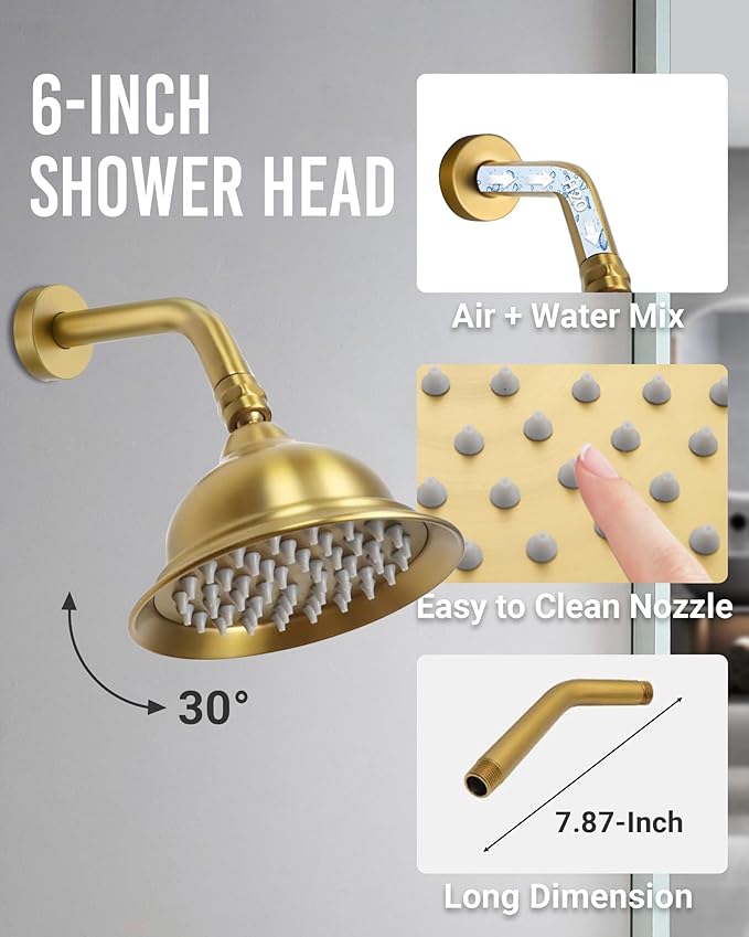DASAN Antique Dual Shower Head Faucet Set, Brushed Gold Dual Rain Shower Head System Complete Double Head Shower Fixture Combo, 9'' & 6'' Dual Rainfall Overhead Shower with Handheld, Valve & Trim