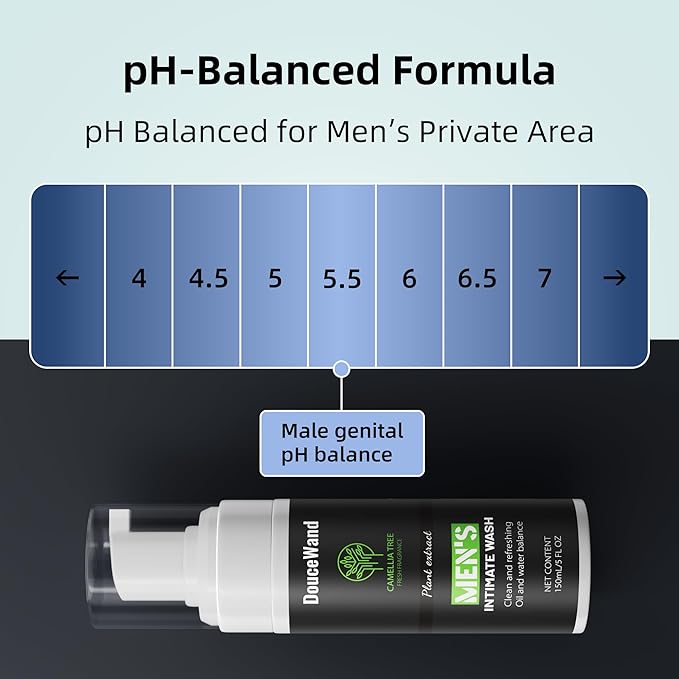 DouceWand Men's Intimate Wash - Foaming Groin Cleanser for Daily Hygiene & Odor Control - Enriched with Tea Tree Oil, Aloe & Camellia Extract - pH Balanced, Refreshing Body Wash for Athletes - 5 Fl Oz