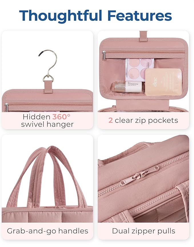 BAGSMART Travel Toiletry Bag with Jewelry Organizer, Hanging Travel Bag for Toiletries, Puffy Makeup Cosmetic Bag Organizer, Carry-on Travel Accessories Essentials, Dark Pink-L