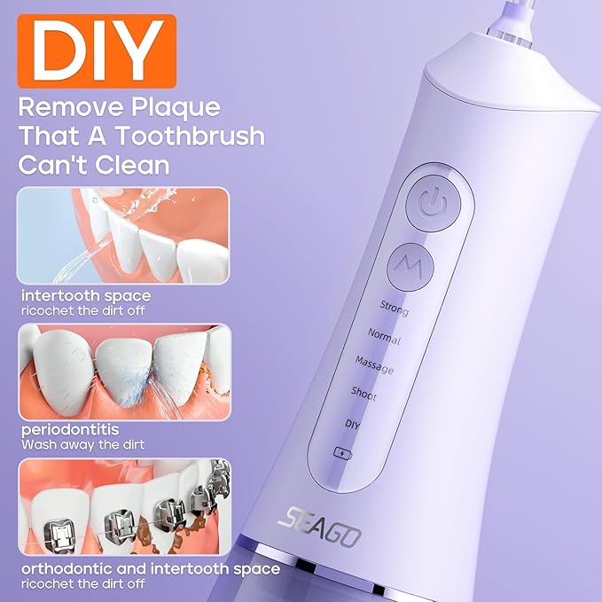 SEAGO Water Dental Flosser Cordless for Teeth, 5 Modes and 7 Nozzles, Dental Water Flosser 300mL, DIY Mode Memory Function, IPX7 Waterproof Dental Flosser, SG8019 Purple