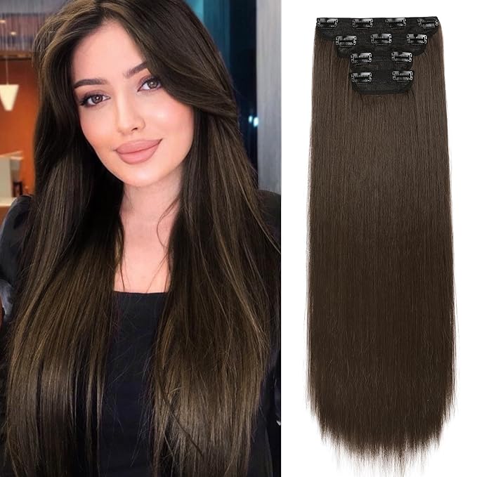 REECHO Hair Extensions, 24" Straight Long Thick 4 PCS Set Thick Clip in on Hair Extensions -Chocolate Brown