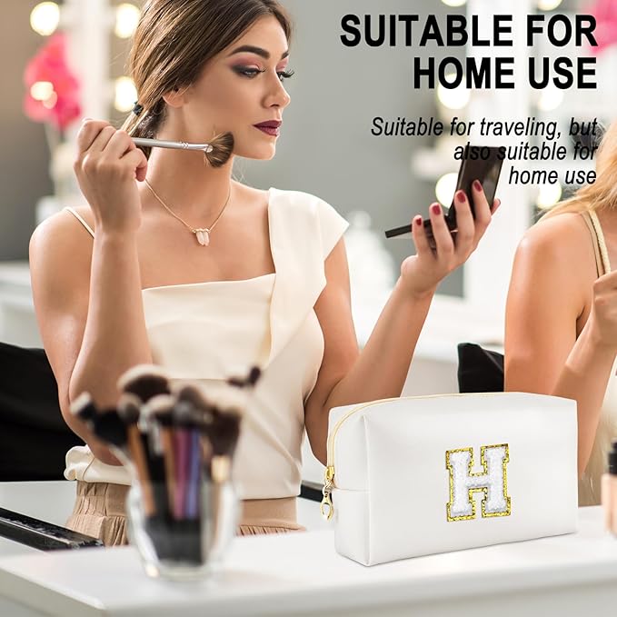 URSKYTOUS Gifts for Girls Initial Makeup Bag Personalized Cosmetic Bag with Zipper Cute Travel Toiletry Bags Waterproof PU Preppy Makeup Pouch Birthday Gift for Teen Girls Women(White H)
