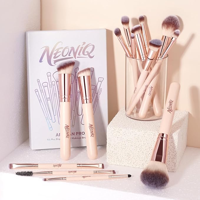 NEONIQ 14 PCS Professional Makeup Brushes, Makeup Brush Set, Foundation Powder Blending Concealer Eyeshadows Blush Cosmetics Brushes,Versatile Face Make Up Tools For Liquid, Cream, Loose(Pink)