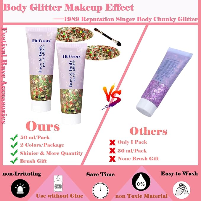 Body Glitter Face Glitter Gel: Singer Concerts Disco Festival Rave Accessories Face Glitter Makeup Chunky Sequins Mermaid Face Body Hair Glitter Gel
