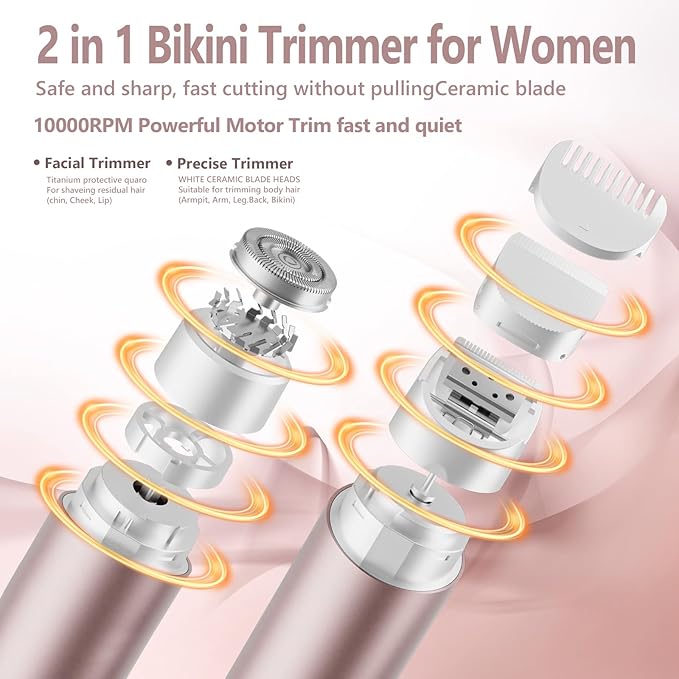 Bikini Trimmer for Women 2-in-1 Electric Shaver and Razors IPX8 Waterproof for Wet & Dry Use Painless Hair Trimmer Removal for Body, Underarms, Legs and Face for Sensitive Skin,Rose Pink