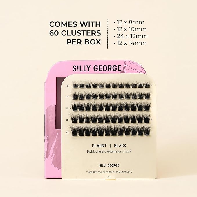 Silly George Pop-On Lashes - DIY 1-Step Pre-Glued Faux Eyelash Clusters, Natural Look Extensions, Black - Flaunt, 5-7 Pair Set, Pack of 60 Clusters