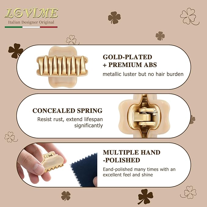 1.2" Mini Claw Clips for Women Girls - Minimalist Double-Layer 18K Gold Painted Hair Clips for Thin Short Hair, Small Non-Slip Luxury Hair Accessories for Daily Face Wash & Makeup, Beige