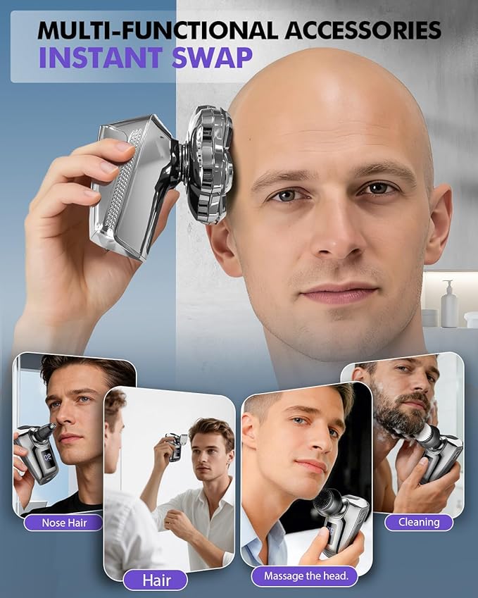 Head Shavers for Blad Men, 7D Floating Blades Electric Head Shaver, IPX7 Waterproof Wet Dry Bald Head Shaver, Magnetic Detachable Rechargable Head Shavers, Valentine's Day Gifts for Male