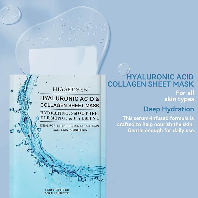 MISSEDSEN Collagen Face Mask with Hyaluronic Acid, Vitamin E Oil for Skin Care Hydrating, Moisturizing, Brightening & Anti Aging Face Masks Skincare for Oil, Dry, Acne, Sensitive All Skin Types 5PCS