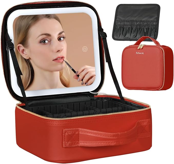 Behaesty Travel Makeup Bag with LED Lighted Mirror, Cosmetic Makeup Organizer Bag with 3 Color Setting, Makeup Train Case with Adjustable Dividers for Women Makeup Brushes Jewelry Accessories