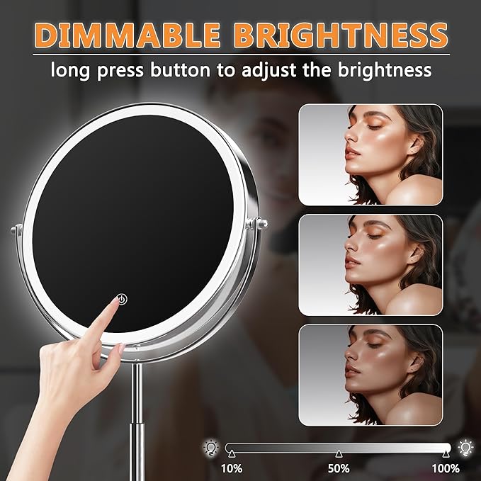 Hasipu 10” LED Makeup Mirror with 7X Magnification - Rechargeable Vanity Mirror, 3 Color Modes, Touch Control, 360° Rotation & Adjustable Height