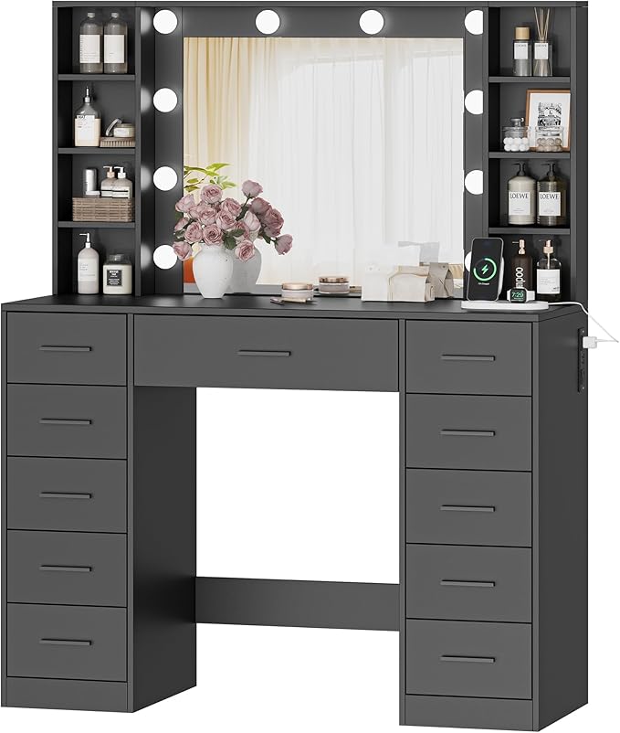 Makeup Vanity with Drawers, 43" Black Vanity Desk with Mirror and Lights, 11 Drawers & 4 Shelves, Power Outlet & Adjustable LED Lights, Dressing Table for Women & Girls Bedroom
