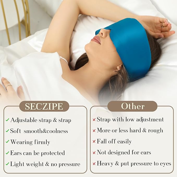 SECZIPE 100% Mulberry Silk Sleep Mask Eye Mask for Women Man with Adjustable Band, for Side Sleeper Blackout Sleep Mask for Travel Rest and Office Large Size (Blue)