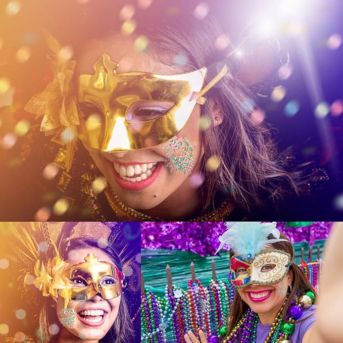 MEICOLY Mardi Gras Face Body Glitter Gel,Skin-Friendly Holographic Hair Glitter for Kids & Adults, Music Festival Concert Rave Makeup,Gold Green Purple Mixed Chunky Glitter for Mardi Gras Carnival