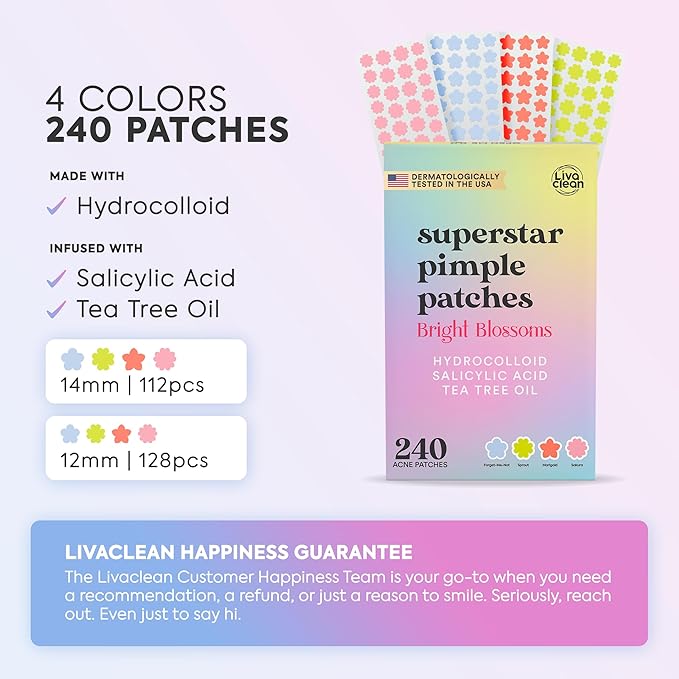 LivaClean 240 CT Cute Pimple Patches for Face w/Salicylic Acid & Tea Tree, Hydrocolloid Acne Patches Cute Flower Pimple Patch, Adorable Face Stickers, Zit Patch