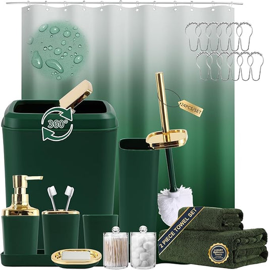 XLHOMO Dark Green Bathroom Accessories, 24 Pieces Green and Gold Bathroom Accessories Set with Shower Curtain, Bath Towels, Trash Can, Soap Dispenser and Soap Dish for Bathroom/Housewarming