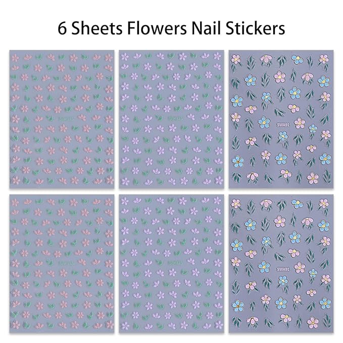 6 Sheets Flowers Nail Art Stickers 3D Floral Self Adhesive Nail Decals Design Purple Pink Blue Flower Nail Art Stickers for Women Girls DIY Manicure Tip Spring Flowers Nail Decoration