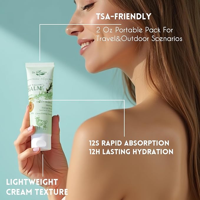 Beef Tallow for Skin —3 In 1 Travel Size Organic Tallow Face Moisturizer, Hand Lotion & Body Cream, Suitable for Dry & Wrinkled Skincare, 100% Natural, Deep Hydration, Sweet Orange, 2*1Oz.
