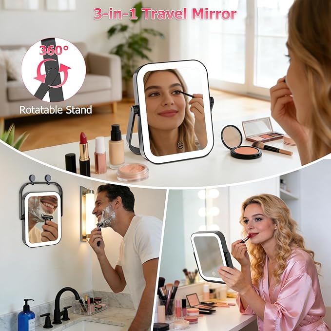 FUNTOUCH 30X/1X Travel Makeup Mirror with Lights, 3000mAh Rechargeable 2-Sided Magnifying Mirror, Portable Vanity Mirror, 3-Color Lighting Dimmable Touch Screen, for Women Gift, Black