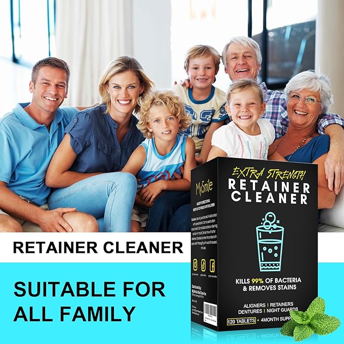 MySmile Retainer Cleaner Tablets - 120 Tabs (4 Months Supply) - Fresh in 3 Minutes - Denture Cleaning Tablets for Removes Plaque, Odors, Stains from Aligner, Invisalign, Mouth Guard, Night Guard