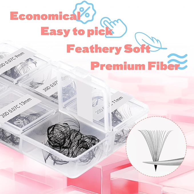 FADLASH Premade Fans Eyelash Extensions 300pcs 20D Premade Lash Fans C Curl Pre Made Fans Lash Extensions Volume Eyelash Extensions Premade Eyelash Fans Loose Fans (20D-0.07C-9-14mm)