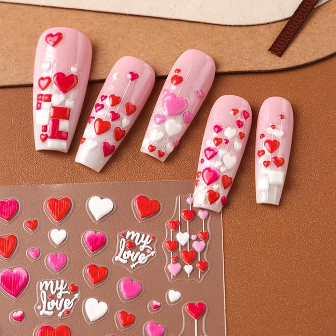 3 Sheets Heart Nail Stickers Red Pink Heart Nail Decals 3D Self Adhesive Valentine Heart Love Nail Art Sticker Holiday DIY Manicure Decoration Supplies Accessories for Women