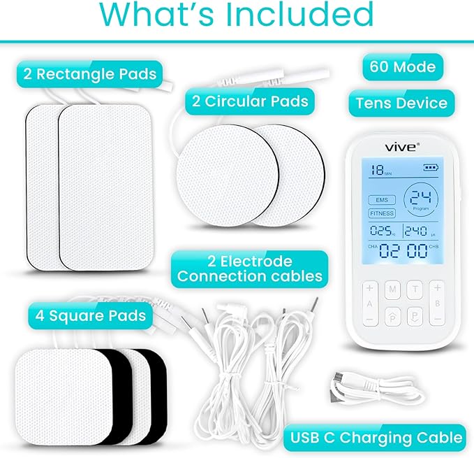 Vive Stim Machine for Muscle Recovery - 60 Mode Tens Unit Stimulator for Pain Relief Therapy - EMS w/Electrodes for Period Cramps, Physical Therapy - Stimulation Device, Tense Relaxer for Back Pain