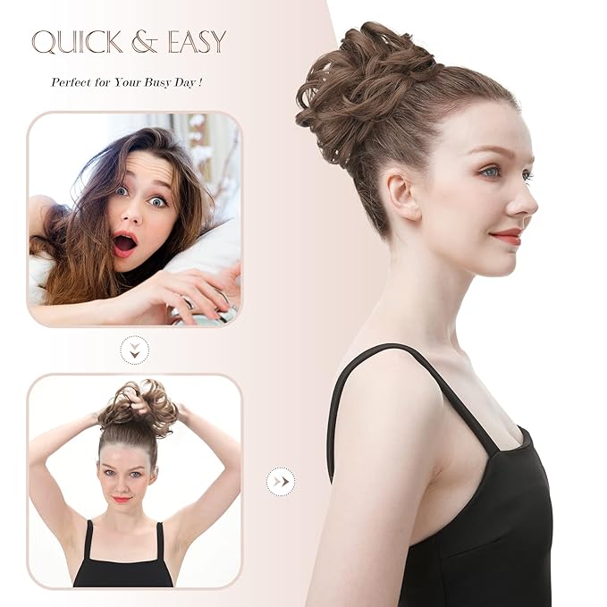 FESHFEN Messy Bun Hair Piece - Wavy Synthetic Chignon Scrunchies for Instant Volume, Elastic Bun Ponytail Hair Extensions Thick Hairpieces for Women, Sand 1.50 oz