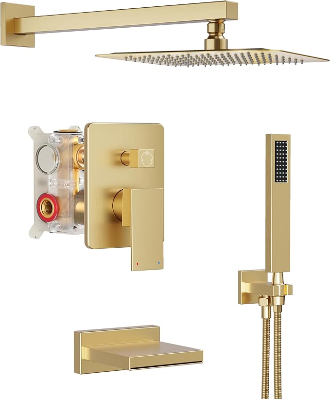 HoliSpa Gold Tub Shower System, All Metal Tub Shower Faucet Set with 12" Rain Shower Head and Handheld Spray combo, Wall Mounted Shower Systems with Tub Spout, Valve and Trim Kit, Brushed Gold