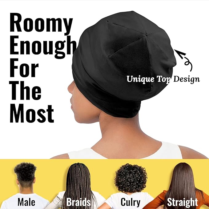 Satin Lined Sleep Cap and Scrunchie for Curly Hair and Braids, Stay On All Night Hair Wrap with Adjustable Strap for Women and Men, Black