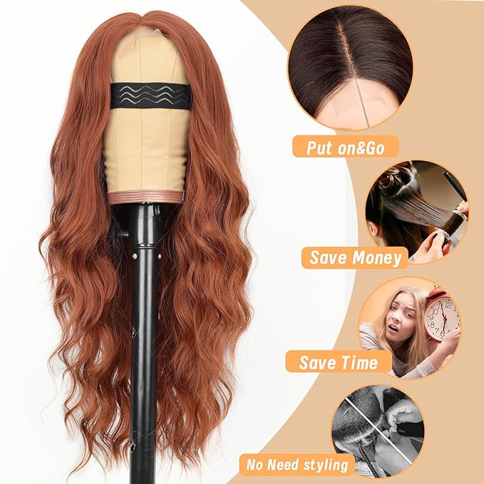 AISI HAIR Ginger Wig for Women, Long Wavy Lace Hairline Middle Part Synthetic Heat Resistant Wig for Daily Party-26 Inch
