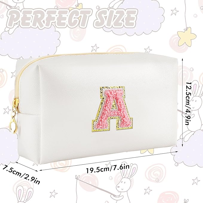 URSKYTOUS Initial Makeup Bag Personalized Preppy Travel Small Cosmetic Bag Cute PU White Chenille Letter Makeup Pouch for Purse Waterproof Zippered Toiletry Organizer for Women Girls Kids Friends (A)