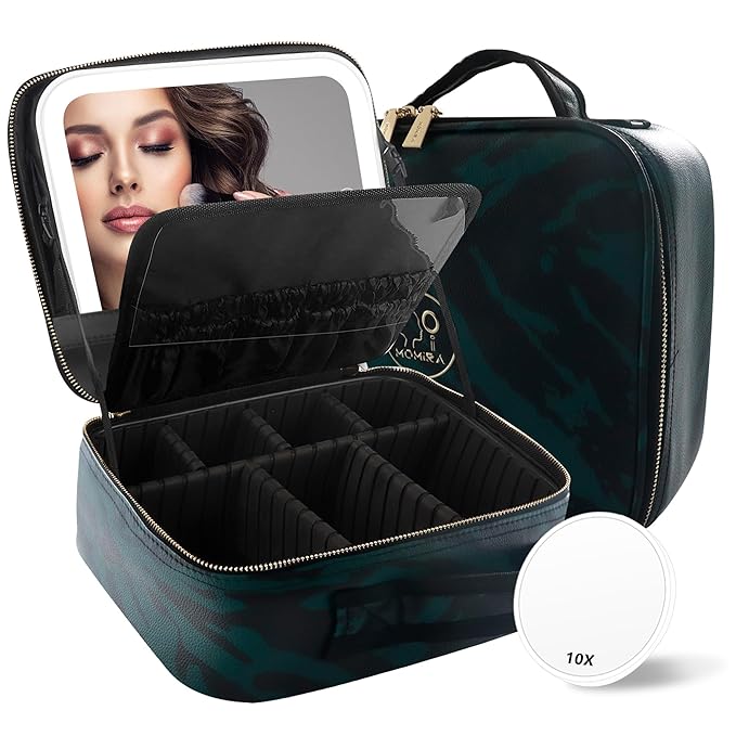 MOMIRA Makeup Train Case with Light-up Mirror, Cosmetic Bag Organizer, Portable Travel Makeup Case with Adjustable Dividers, Waterproof, Zebra-Green