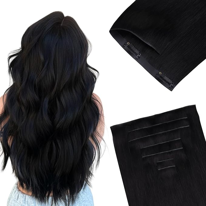 GOO GOO Invisi Edge Clip in Hair Extensions 16inch 110g 7Pcs Injected Seamless PU Clip in Hair Extensions, Virgin Real Human Hair, 1 Jet Black