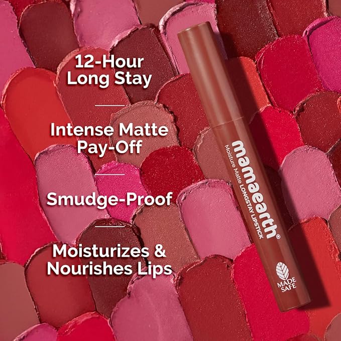MAMAEARTH Moisture Matte Lipstick (Peach Nude) | Infused with Vitamin E | 12-Hour Long Stay & 8-Hour Moisture Lock | Cruelty-Free & Smudge-Proof | 0.07 Oz/2g
