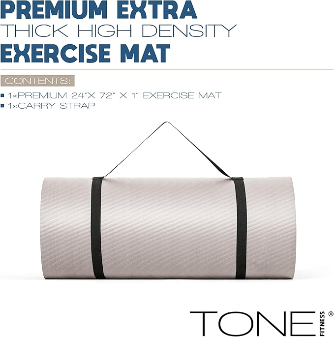 Tone Fitness 1-Inch Thick Yoga Mat | High-Density, Non-slip Exercise Mat with Carrying Strap for Yoga, Pilates, & Home Gym Workouts | Multiple Options